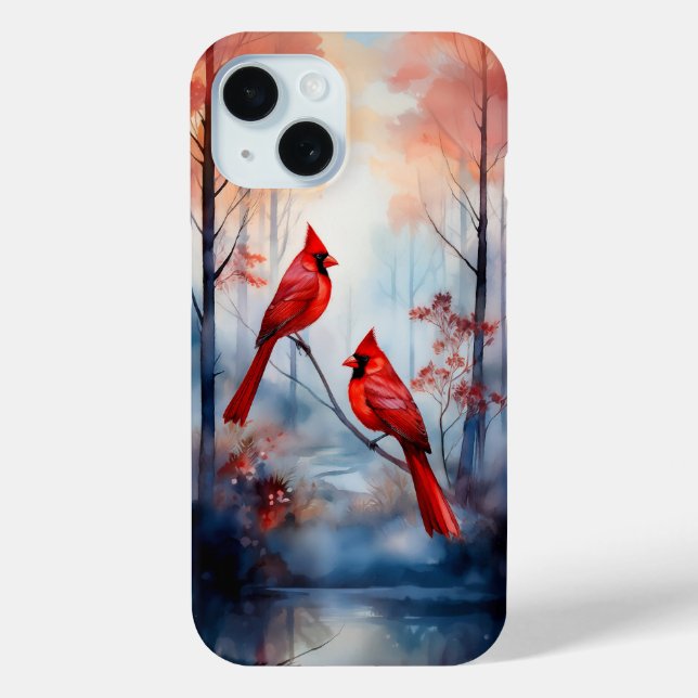 Coques Case-Mate iPhone Cardinaux rouges dans une forêt brumeuse (Verso)
