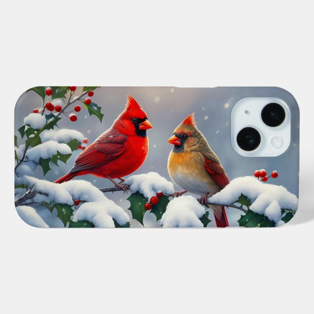 Coques Case-Mate iPhone Cardinaux rouges et houx dans la neige (Verso (horizontal))