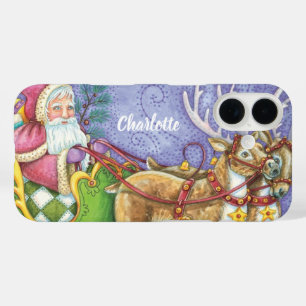 Coque Pour iPhone 16 Caricature de Noël Santa Claus Sleigh Reindeer
