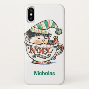 Coque iPhone X Caricature mignonne Elf de Noël dormant dans une t