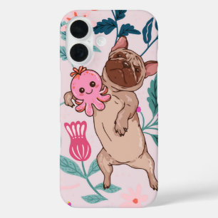 Coque Pour iPhone 16 Carlin et poulpe rose Jouer Chien Floral