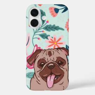 Coque Pour iPhone 16 Carlin souriant et fleurs mignonne Mint Floral Chi