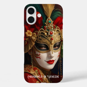 Coque Pour iPhone 16 Plus Carnaval de Venise masque or rouge vert