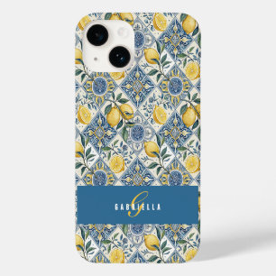 Coque Case-Mate iPhone Carreau Bleu Citron Aquarelle Jaune Nom