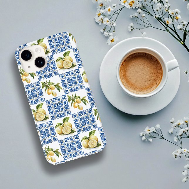 Coques Case-Mate iPhone Carreau bleu motif de citron de style français (Créateur téléchargé)