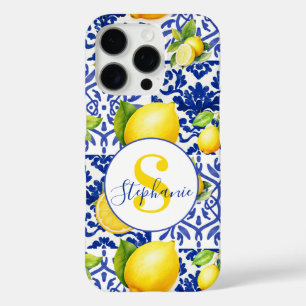 Coque iPhone 16 Pro Carreau de motif de citron blanc bleu Monogramme N