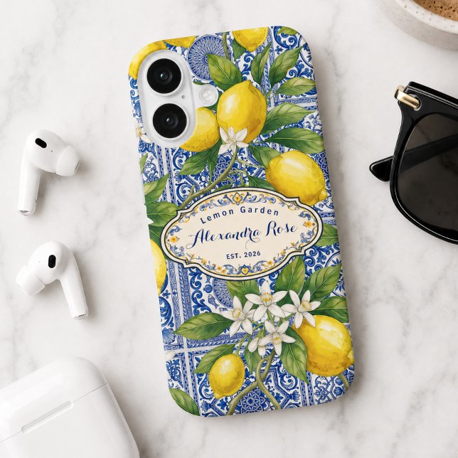 Coques Case-Mate iPhone Carreau de style country français bleu avec monogr (Créateur téléchargé)