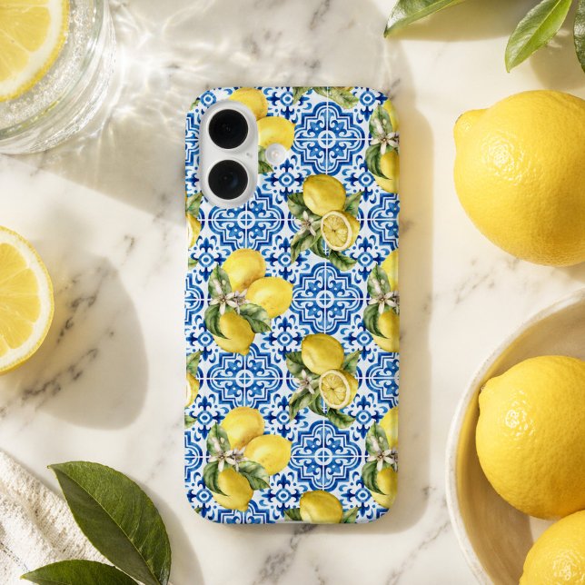 Coques Case-Mate iPhone Carreau méditerranéen à motif citron bleu blanc (Créateur téléchargé)