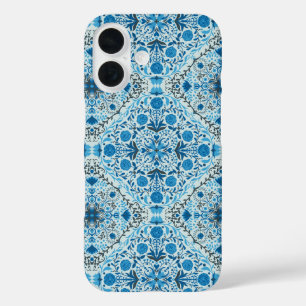 Coque Pour iPhone 16 Carreaux à fleurs bleus