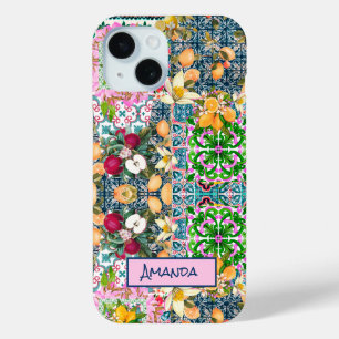 Coque Case-Mate iPhone Carreaux floraux d'agrumes siciliens bleu chic