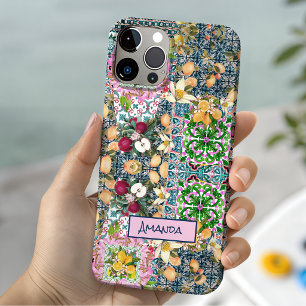 Coque Case-Mate iPhone Carreaux floraux de citrus siciliens bleus roses c