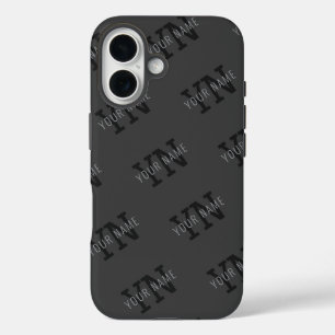 Coque Pour iPhone 16 Carreaux modernes gris foncé avec monogramme de no