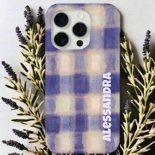 Coque Case-Mate iPhone Carreaux monogrammés gingham bleu marine beige mai