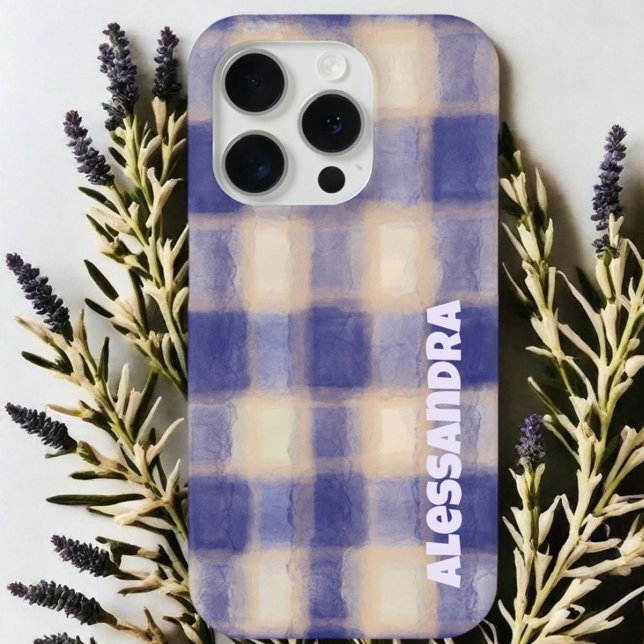 Coques Case-Mate iPhone Carreaux monogrammés gingham bleu marine beige mai (Créateur téléchargé)