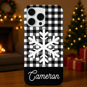Coque iPhone 16 Pro Max Carreaux Noir et Blanc avec Flocon de Neige Nom Pe