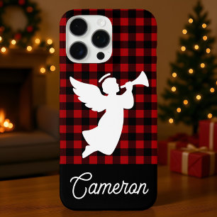 Coque iPhone 16 Pro Max Carreaux Rouges et Noirs avec Ange et Nom Personna