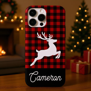 Coque iPhone 16 Pro Max Carreaux Rouges et Noirs avec Renne Nom Personnali