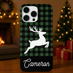 Coque iPhone 16 Pro Max Carreaux Verts & Noirs à Carreaux avec Renne Nom P