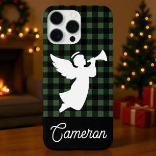 Coque iPhone 16 Pro Max Carreaux Verts & Noirs avec Ange et Nom Personnali
