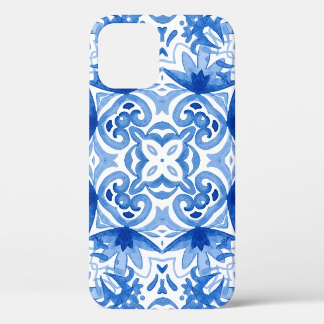 Coques Case-Mate iPhone Carrelage blanc bleu, motif aquarelle sans couture (Verso)