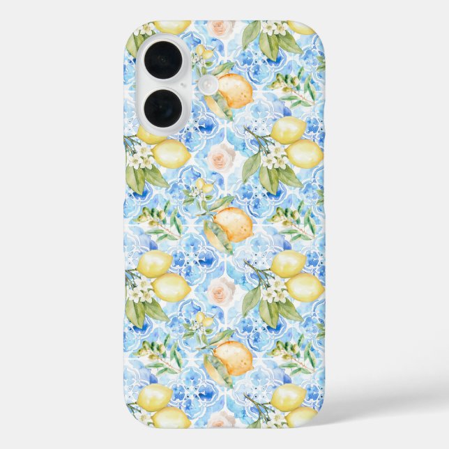 Coques Case-Mate iPhone Carrelage bleu italien citron jaune aquarelle (Verso)