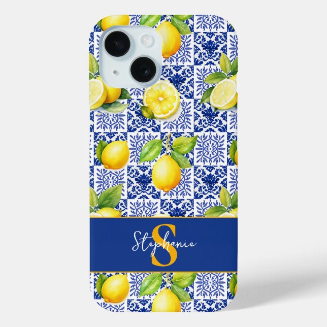 Coques Case-Mate iPhone Carrelage en forme de citron bleu blanc méditerran (Verso)