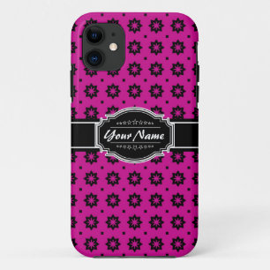 Coque iPhone 11 Carrelage floral rose et noir chaud Personnalisé