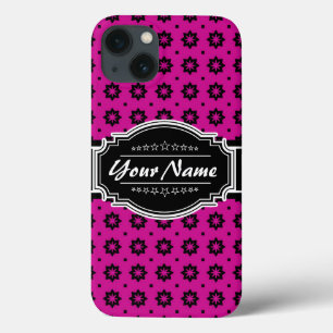 Etui iPhone 13 Carrelage floral rose et noir chaud Personnalisé