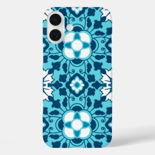 Coques iPhone 16 Plus Carrelage marocain floral, Indigo, bleu ciel et bl