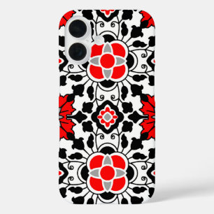 Coque Pour iPhone 16 Carrelage marocain floral, rouge profond, noir et 