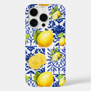 Coque iPhone 16 Pro Carrelage Motif Citron Bleu Blanc Méditerranéen