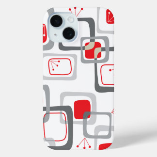Coque Pour iPhone 15 Carrés Gris Rétro Cerise Rouge Cute Mod Motif