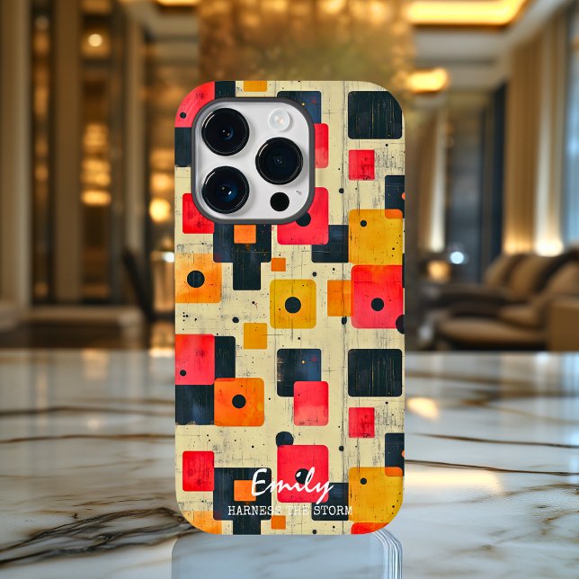 Coques Case-Mate iPhone Carrés Rétro Géométriques avec Nom et Phrase Perso (Créateur téléchargé)