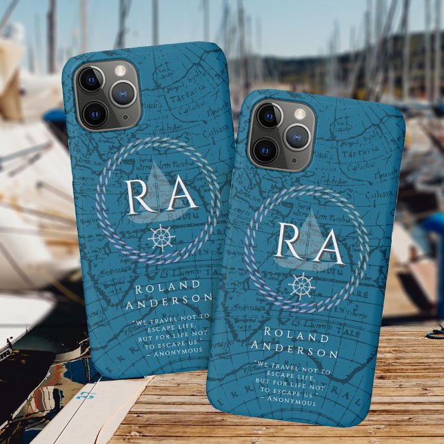 Coques Case-Mate iPhone Carte de monogramme de corde nautique bleue (Nautical Map Monogram Traveller Blue iPhone Case.)