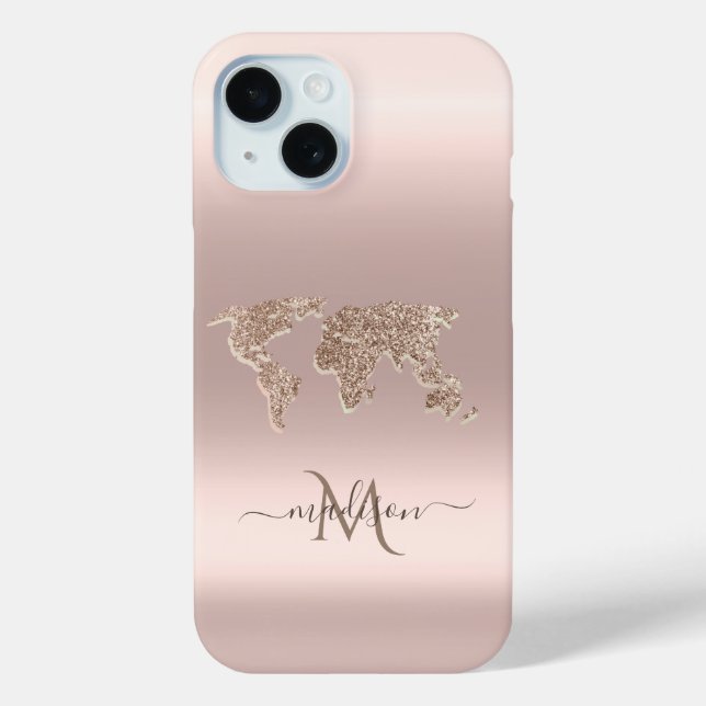 Coques Case-Mate iPhone Carte du monde pailletée Voyage Rose Gold Monogram (Verso)