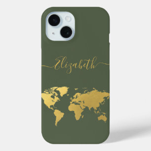 Coque Case-Mate iPhone Carte du monde voyageurs or monogrammed vert