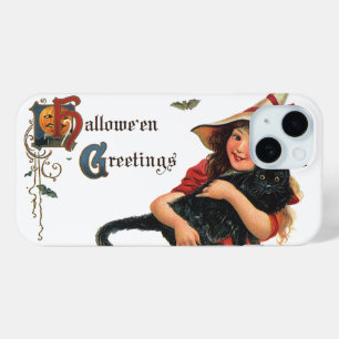 Coque Pour iPhone 15 Cartes de vœux Halloween vintage, enfant sorcière 