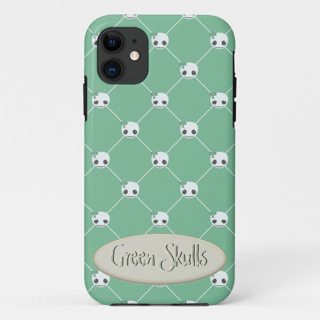 Coques Case-Mate iPhone Cartoon Crânes blanches sur vert Embossé Texte Eff (Dos)
