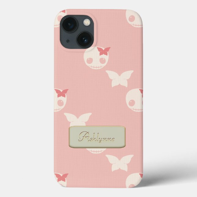 Coques Case-Mate iPhone Cartoon Crânes blancs sur le rose Embossé de texte (Verso)