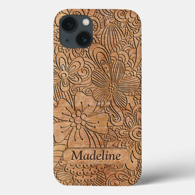 Coques Case-Mate iPhone Carvages en bois Motif floral Personnalisé (Verso)