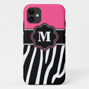 Coque iPhone 11 Cas rose de téléphone de monogramme de zèbre