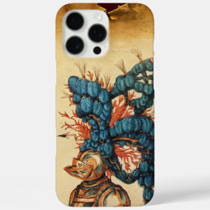 COQUE iPhone 16 PRO MAX CASQUE DE CHEVALIER ANTIQUE AUX FEUILLES BLEU ROUG