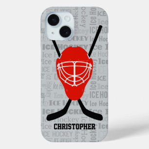 Coque Case-Mate iPhone Casque et bâtons de hockey sur glace rouge Typogra
