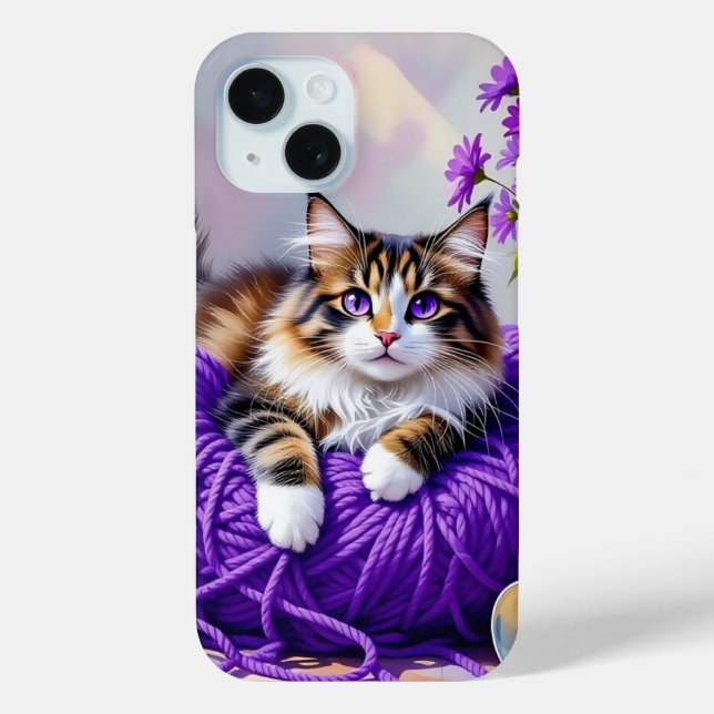 Coques Case-Mate iPhone Cat  in Purple Yarn and Flowers   (Verso)