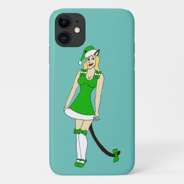 Coques Case-Mate iPhone Catgirl de Noël verte (Dos)