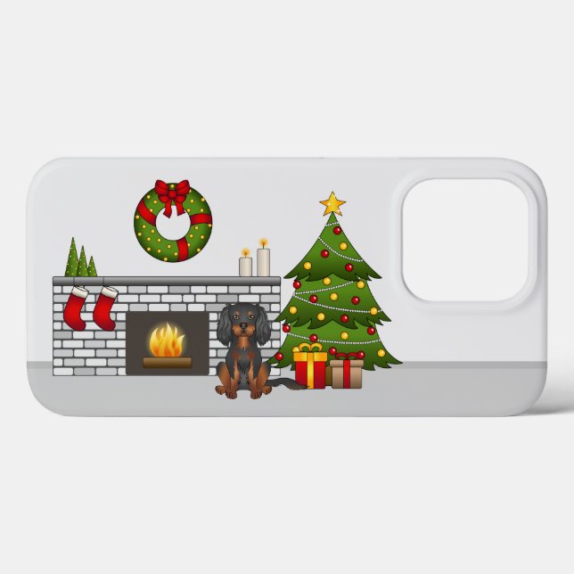 Coques Case-Mate iPhone Cavalier noir et fauve dans une salle de Noël (Verso (horizontal))