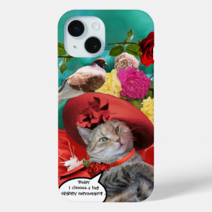 COQUE POUR iPhone 15 CÉLÉBRITÉ CAT PRINCESS TATUS, CASQUETTE ROUGE AVEC