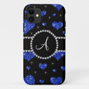 Coque iPhone 11 Cercle bleu de diamants noirs de coeurs de parties