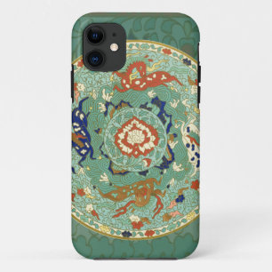 Coque iPhone 11 Cercle chinois antique bleu vert