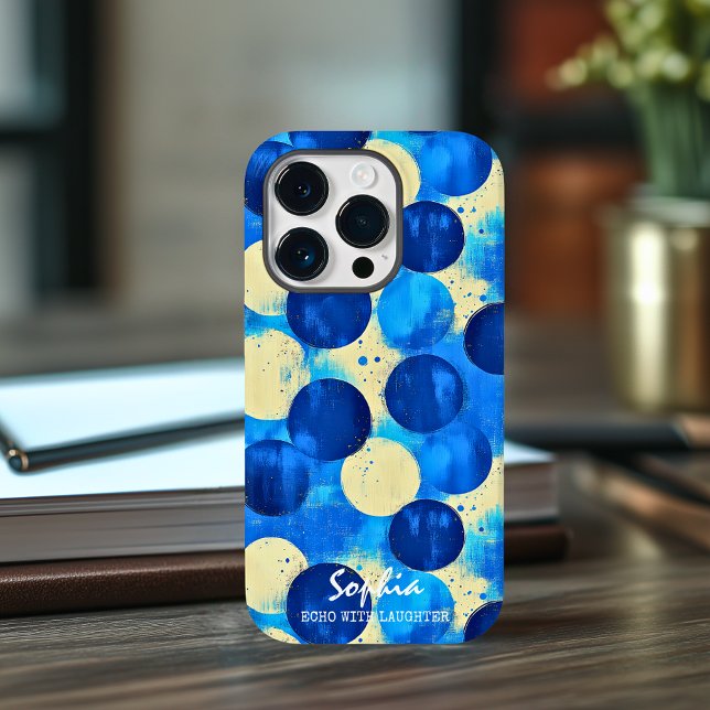 Coques Case-Mate iPhone Cercles Abstraits Bleus avec Nom Personnalisé et P (Créateur téléchargé)